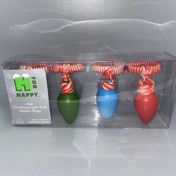 H for Happy Set Of 4 Christmas Light Bulb Napkin Rings NEW Holiday Party XMAS - Picture 1 of 5